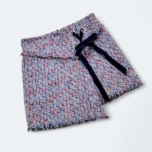 Parker Multi Color Tweed Skirt Velvet Ribbon tie Faux Wrap Size 4 - Picture 1 of 15
